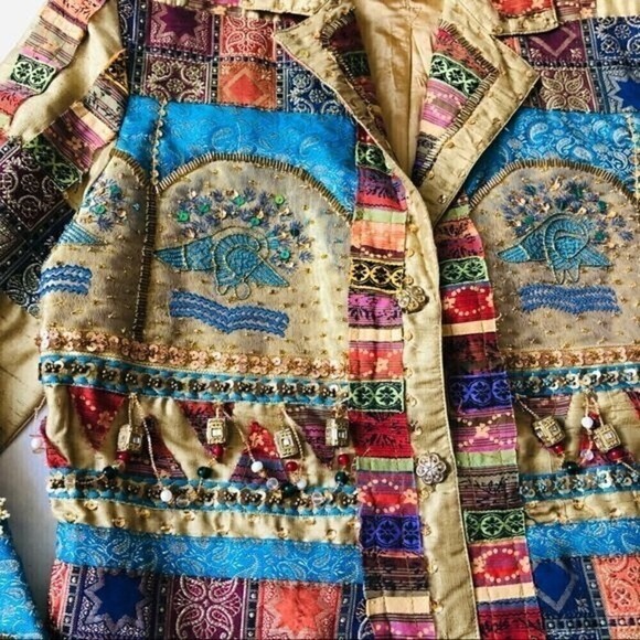 Sandy Starkman Boho Jacket Woven Silk Patchwork Embroidery Sequin Granny 90s S - Picture 9 of 16